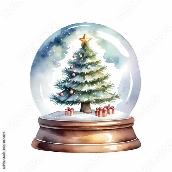 Fototapeta A hand-painted watercolor illustration of a snow globe featuring a Christmas tree. The snow globe is decorated with presents at the base. 