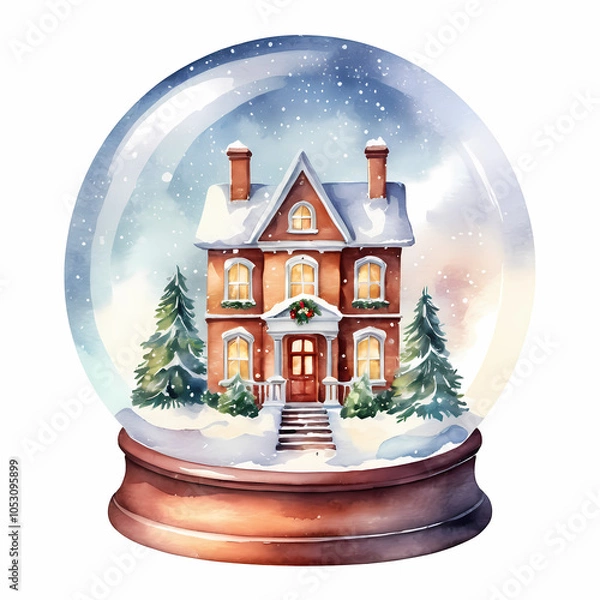 Fototapeta A hand-painted watercolor illustration of a snow globe featuring a charming Christmas house with a snow-covered roof, lighted windows, and a festive wreath on the door.