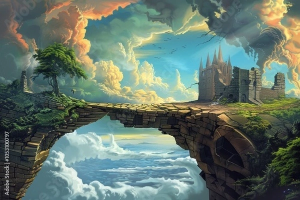 Fototapeta A Crumbling Bridge Over a Sea of Clouds