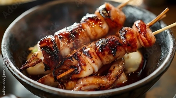 Obraz A bowl of ikayaki, grilled whole squid brushed with soy sauce and served on a stick.


