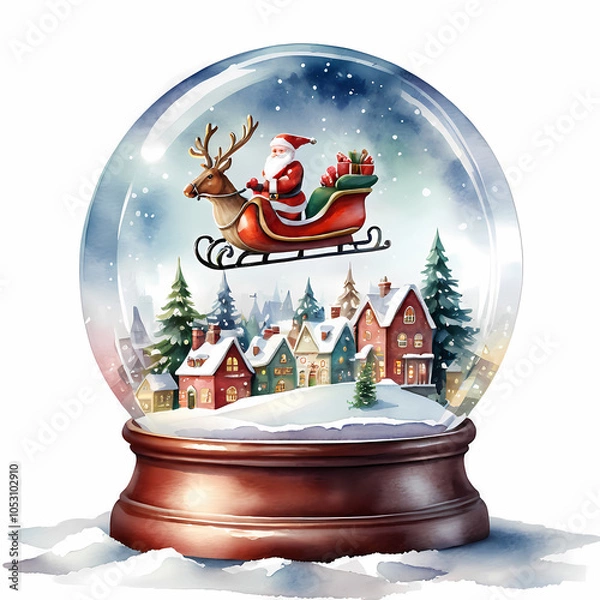 Fototapeta The globe shows Santa in his sleigh with reindeer, flying over colorful houses, a snowy landscape, and mountains in the background.