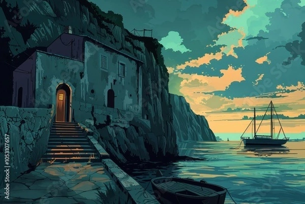 Fototapeta Coastal Village at Twilight