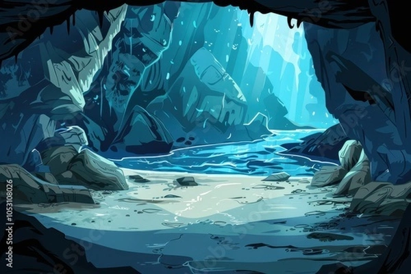 Fototapeta Mysterious Cave Entrance with Blue Water