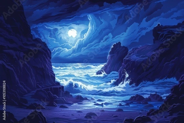 Fototapeta Moonlit Coastal Cliffs with Raging Waves