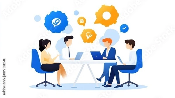 Fototapeta A collaborative meeting scene with diverse individuals engaged in discussion, enhancing teamwork and productivity.