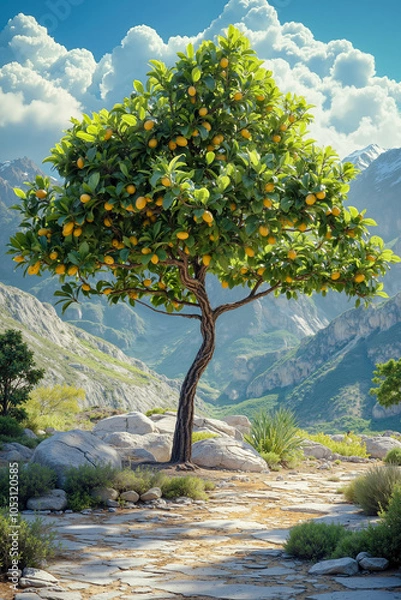 Fototapeta A vibrant, computer-generated image of a lush, fruit-laden orange tree in a rocky, mountainous landscape