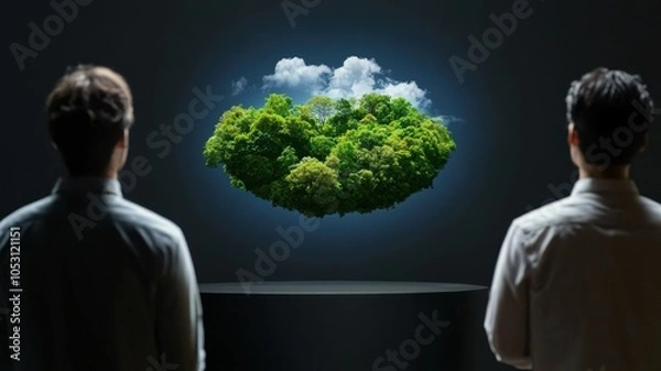 Fototapeta Two individuals observe a 3D floating island of greenery and clouds, emphasizing a blend of nature and technology in a futuristic setting.