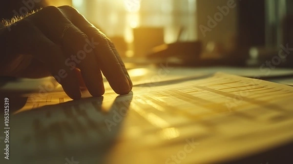 Fototapeta Close-up shot of fingers sorting financial documents with line graph data, fine detail on graph lines and hand texture, warm office lighting casting gentle shadows, background elements softly blurred.