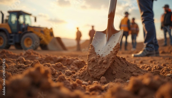 Fototapeta Construction Workers at a Digging Site During Sunset