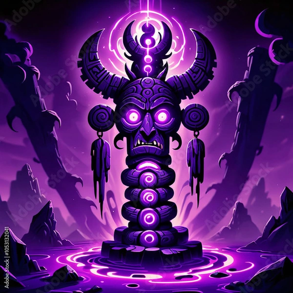 Fototapeta A tall, dark purple totem with a demon face and glowing eyes stands in a pool of swirling purple liquid, surrounded by rocky terrain and a faint purple sky.