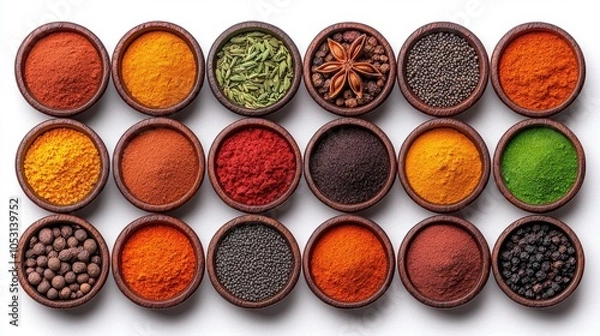 Fototapeta A photostock of a variety of spices arranged neatly on a white background, symbolizing cooking.