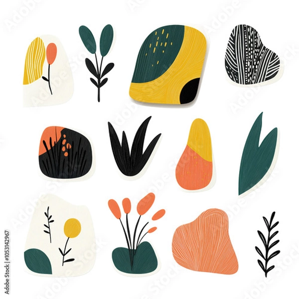 Fototapeta Colorful abstract botanical shapes and patterns in modern design, featuring vibrant colors and unique forms for creative projects.