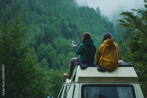 Obraz Two people are sitting on top of a van in the woods