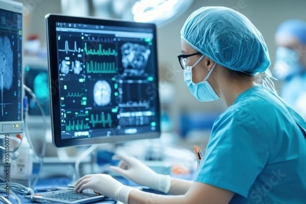 Fototapeta A healthcare professional analyzes medical data on a computer, showcasing modern technology in a clinical environment.