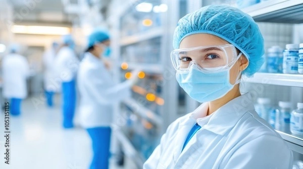 Fototapeta A healthcare professional in lab coat and mask works in a pharmacy, surrounded by medical supplies and a clean environment.