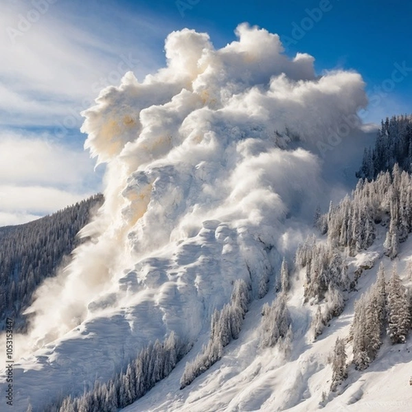 Fototapeta avalanche of snow in the mountains among the trees