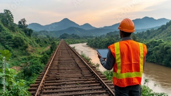 Fototapeta Engineer with tablet near railway bridge spanning a river