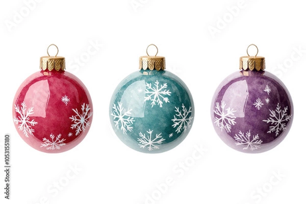 Fototapeta Colorful Christmas ornaments with snowflake patterns on a white isolated background.