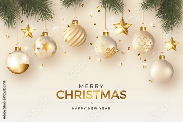 Fototapeta CHRISTMAS and Happy New Year, Realistic Christmas Background with elegant Christmas balls and ornaments.