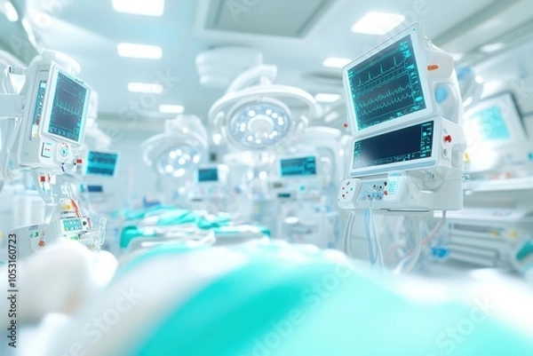 Fototapeta A modern hospital operating room with advanced medical equipment and clear lighting, ideal for healthcare and surgical themes.