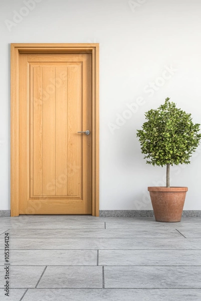 Fototapeta Bright wooden door next to a potted tree in a modern interior space