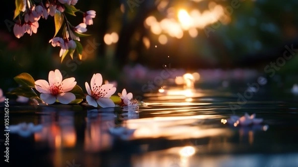 Fototapeta Pink cherry blossoms float on a calm river at sunset, with the sun reflecting off the water.