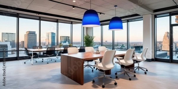 Obraz Modern office interior, floor-to-ceiling windows, panoramic city view, sleek wooden desk, ergonomic office chairs, contemporary lighting, minimalist design, open workspace, urban skyline, natural ligh
