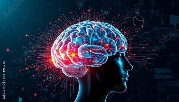 Fototapeta Digital illustration of a human brain with glowing circuits.