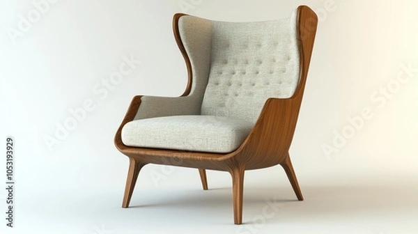 Fototapeta Modern Wingback Chair with Walnut Frame and Beige Upholstery