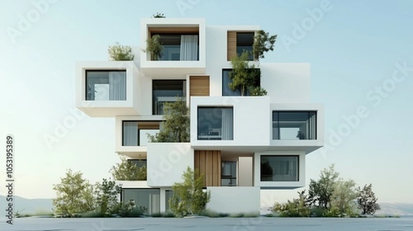 Fototapeta Modular houses rectangular blocks stacked futuristic innovative housing structures. AI generated