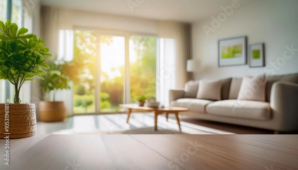 Fototapeta Blur living room with nature lighting in the morning for background usage.Blur interior home background concept.Generative AI