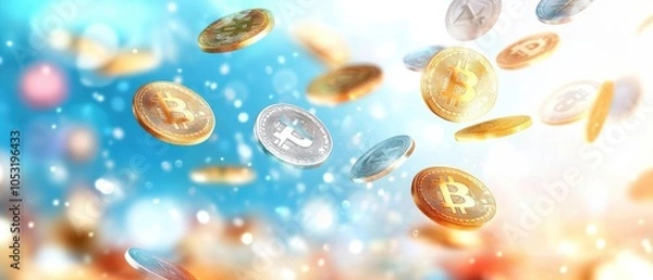 Fototapeta A vibrant digital background featuring falling cryptocurrency coins, symbolizing investment, wealth, and financial growth.