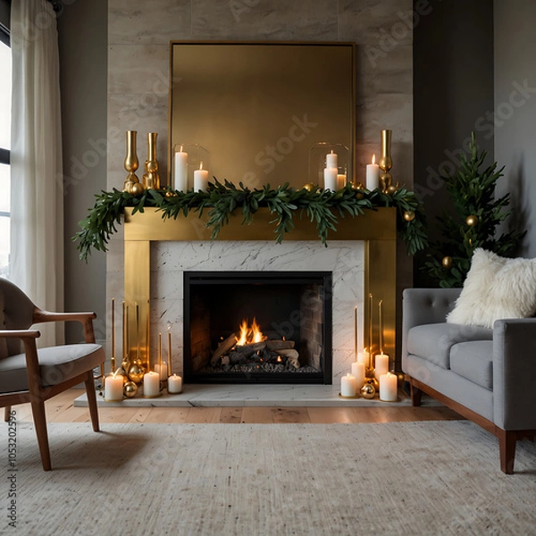 Fototapeta Modern Fireplace With Minimal Christmas Decor, Classic Fireplace Interior Design Tree, Holiday Xmas Decorations