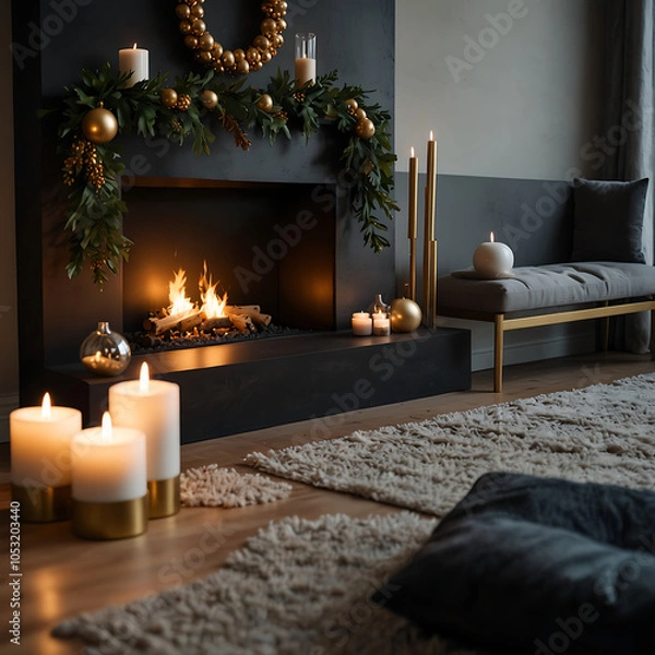 Fototapeta Modern Fireplace With Minimal Christmas Decor, Classic Fireplace Interior Design Tree, Holiday Xmas Decorations
