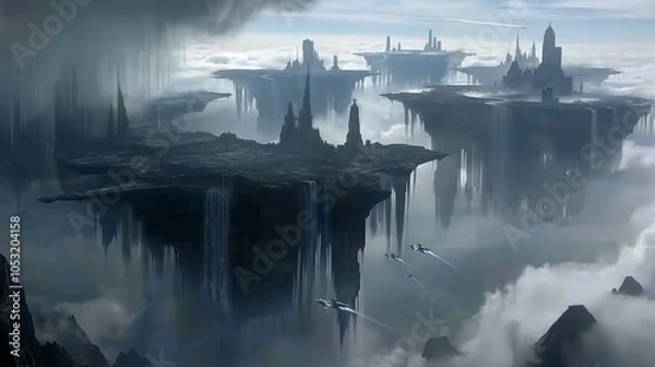 Fototapeta Floating city with waterfalls in clouds