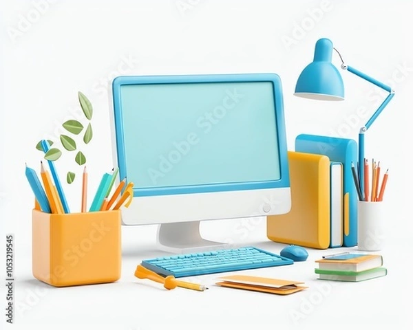 Fototapeta A colorful and modern workspace featuring a computer, lamp, stationery, and plants, ideal for creative inspiration.