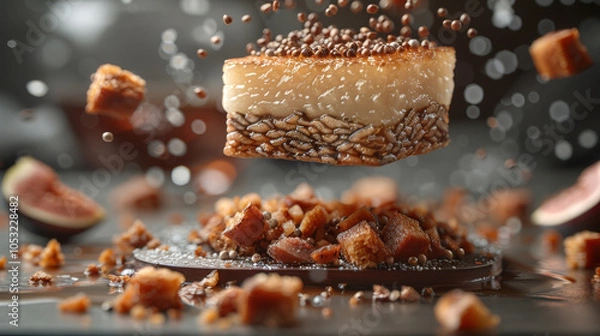 Fototapeta Duck Foie Gras Torchon elements, including slices of foie gras, toasted brioche, dollops of fig compote, and grains of fleur de sel, dynamically suspended in mid-air for a striking presentation.