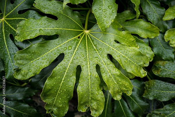 Fototapeta Close view of raindrops on a Paperplant leaf - species of Fatsia.