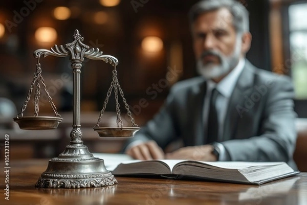 Fototapeta Courtroom scene with defendant, lawyers, judge in black robe. Generative AI