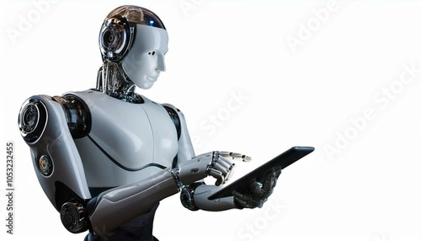 Fototapeta Ai robot using tablet isolate on transparency background PNG