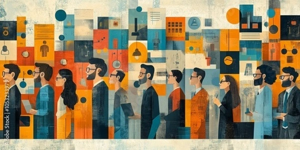 Fototapeta Team Collaboration and Culture, vibrant illustration of a diverse workplace team embodying shared values and positive behaviors in action