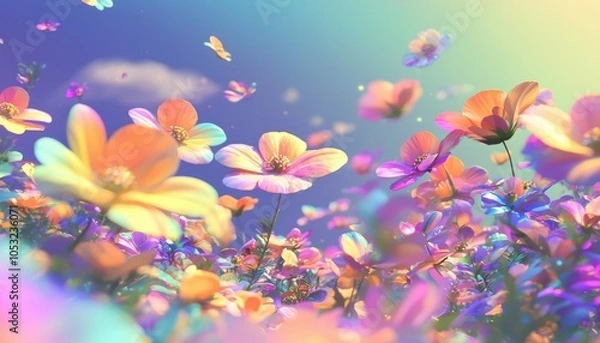 Fototapeta A vibrant field of flowers under a colorful sky, with butterflies fluttering around, creating a serene and magical atmosphere.