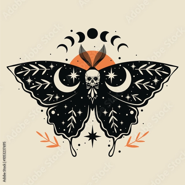 Fototapeta Moon moth illustration. For Halloween. Black moth and skulls. For cards, invitations, T-shirts and more.