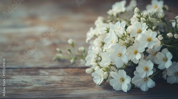 Fototapeta Delicate bouquet of white flowers arranged on a rustic wooden surface, showcasing natural beauty and elegance in soft light