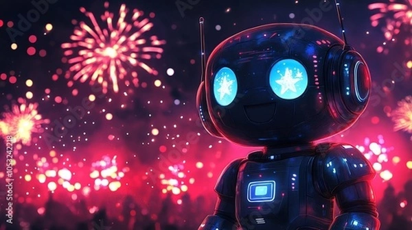 Fototapeta A cheerful robot with glowing eyes stands amidst colorful fireworks.
