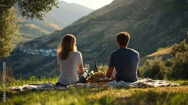 Fototapeta A romantic Valentine's Day picnic outdoors, with a young couple sharing food and a beautiful view