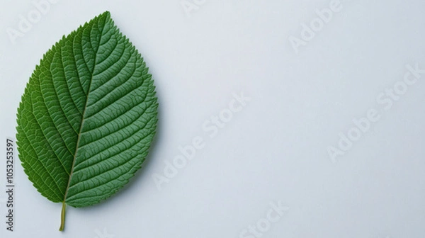 Fototapeta Serene Green Leaf: A single, vibrant green leaf rests on a minimalist background, offering a sense of calm and natural beauty. Perfect for eco-friendly projects, nature-themed designs.