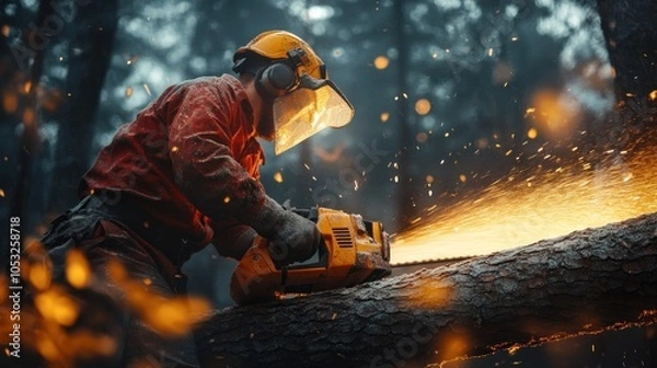 Fototapeta A logger uses a chainsaw to cut a tree in a forest, surrounded by sparks and dust.