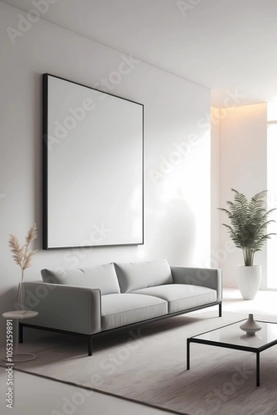 Fototapeta Minimalist Wall Art Mockup for Modern Living Room Design Featuring Elegant Canvas and Sleek Gray Sofa