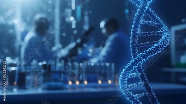 Fototapeta Detailed 3D Rendering of a DNA Strand in a Laboratory Setting with Scientists Performing Genetic Research and Analysis